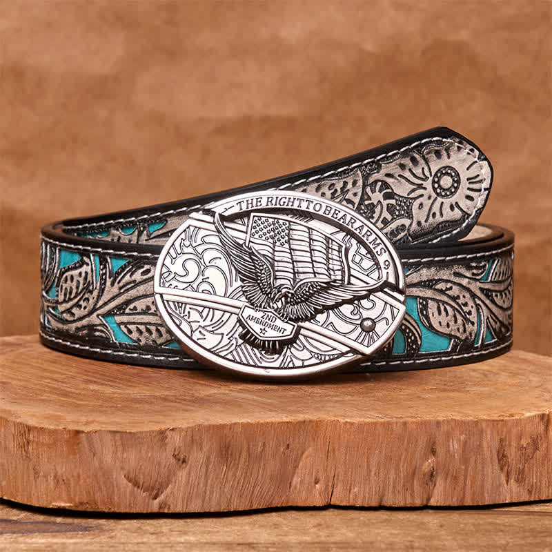 Ceinture en cuir pour homme avec couteau pliant caché et drapeau américain - Aigle - Ceinture fleurie grise - 42 - image 13