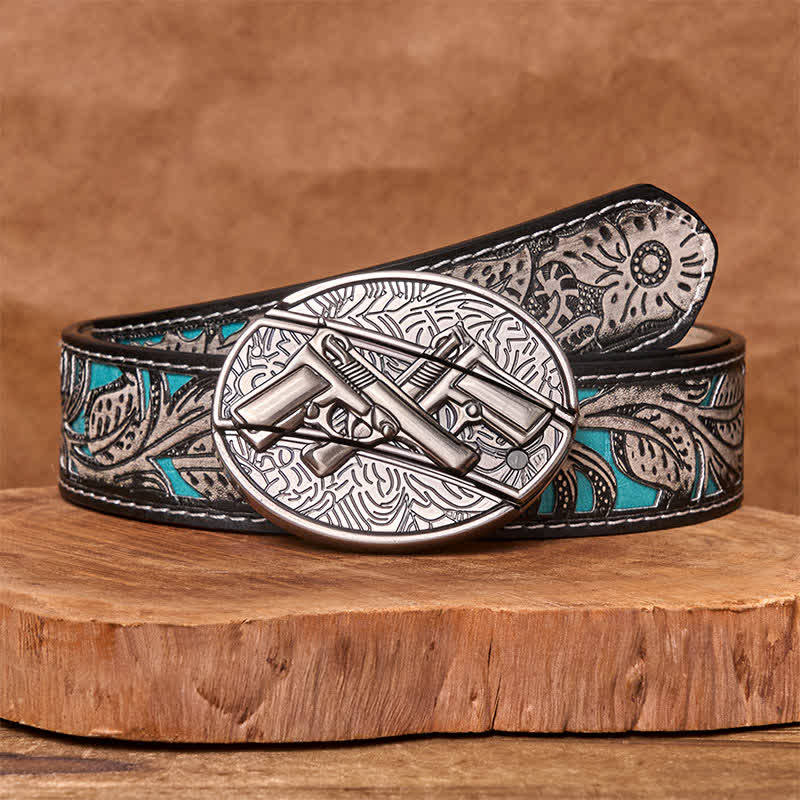 Ceinture en cuir pour homme avec couteau pliant caché à double pistolet - Pistolet double - Ceinture fleurie grise - 42 - image 10