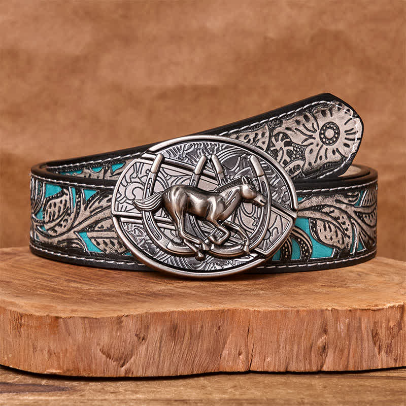 Ceinture en cuir pour homme avec couteau pliant caché et cheval galopant - Cheval au galop - Ceinture fleurie grise - 42 - image 13