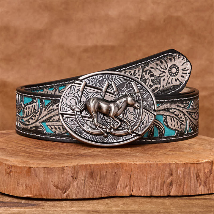Ceinture en cuir pour homme avec couteau pliant caché et cheval galopant - Cheval au galop - Ceinture fleurie grise - 42 - image 13