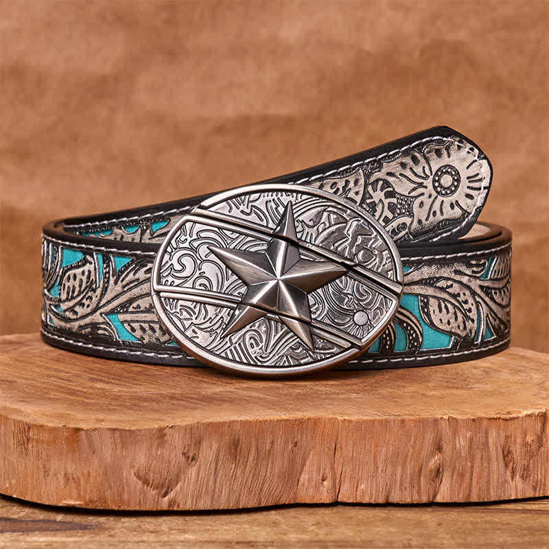 Ceinture en cuir pour homme avec couteau pliant caché en pentagramme - Pentacle - Ceinture fleurie grise - 42 - image 10