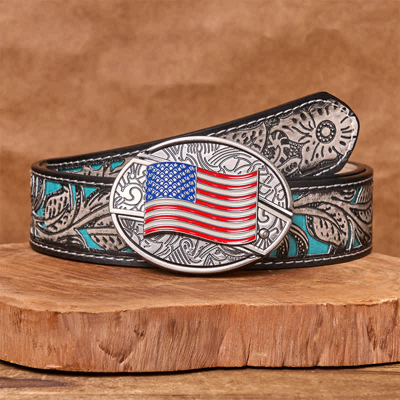 Ceinture en cuir pour homme avec couteau pliant caché et drapeau américain - Drapeau américain - Ceinture fleurie grise - 42 - image 9