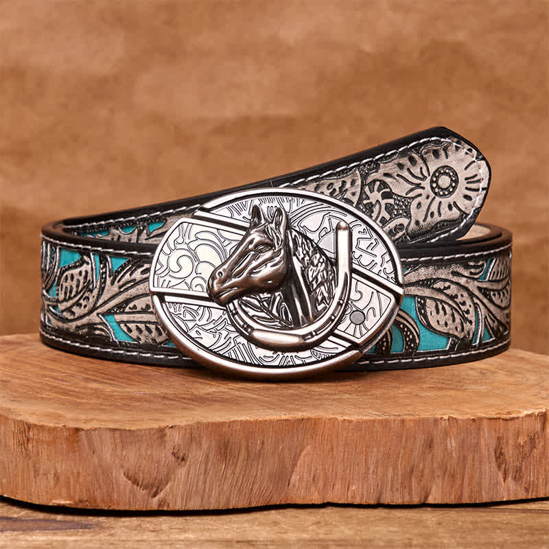 Ceinture en cuir pour homme avec couteau pliant caché en forme de tête de cheval - Tête de cheval - Ceinture fleurie grise - 42 - image 12