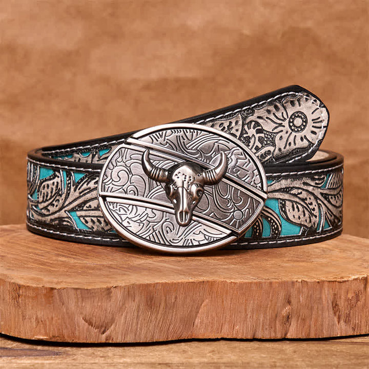 Ceinture en cuir pour homme avec couteau pliant caché en forme de taureau Longhorn - Taureau à longues cornes - Ceinture fleurie grise - 42 - image 14