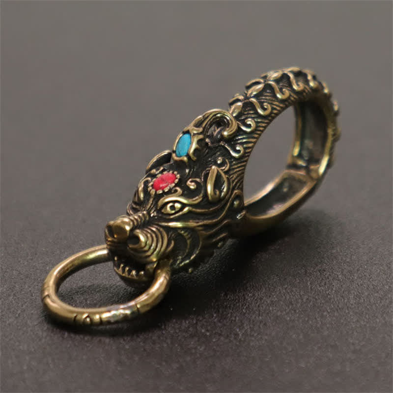 Porte-clés en laiton à mousqueton en forme de tête de dragon complexe - Laiton antique - image 0