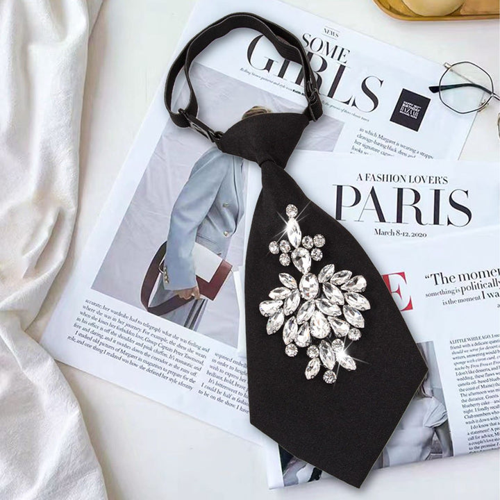 Cravate courte pré-nouée noire ajustable avec strass pour femme - image 2