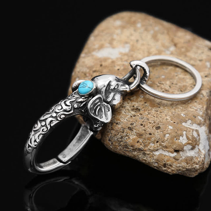 Porte-clés tête d'éléphant avec fausse pierre turquoise - Argent antique - image 0