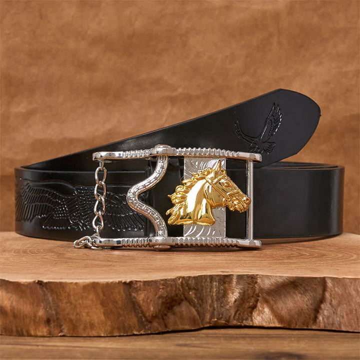 Ceinture en cuir avec boucle tête de cheval ajourée en or et argent - Cheval d'or - Ceinture noire avec aigle en relief - 42 - image 2