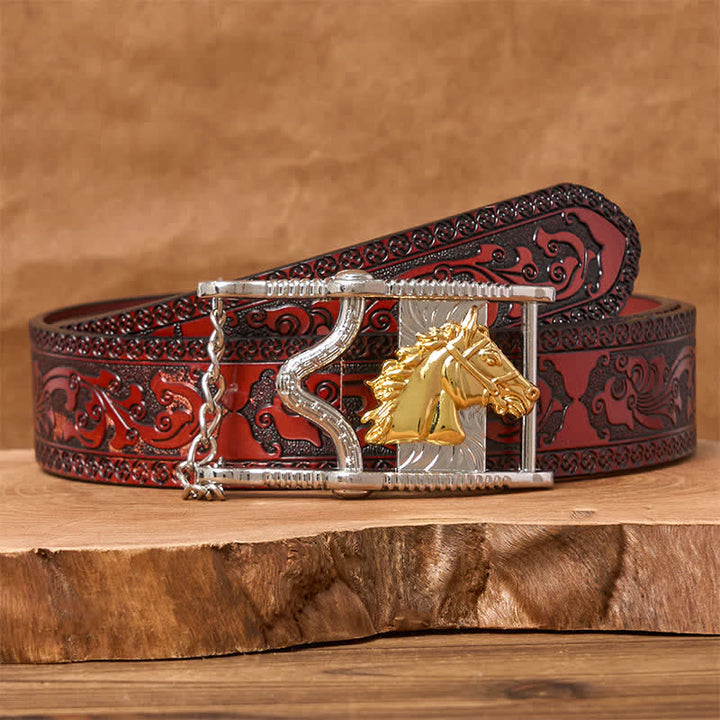 Ceinture en cuir avec boucle tête de cheval ajourée en or et argent - Cheval d'or - Ceinture marron sculptée - 42 - image 6