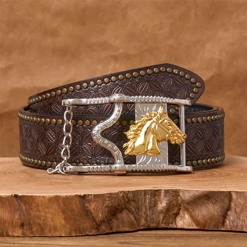 Ceinture en cuir avec boucle tête de cheval ajourée en or et argent - Cheval d'or - Ceinture à rivets marron - 42 - image 4