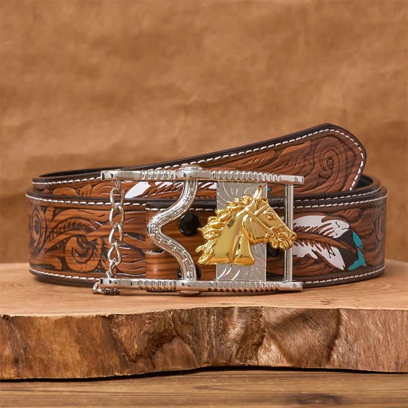 Ceinture en cuir avec boucle tête de cheval ajourée en or et argent - Cheval d'or - Ceinture à plumes marron - 40 - image 7