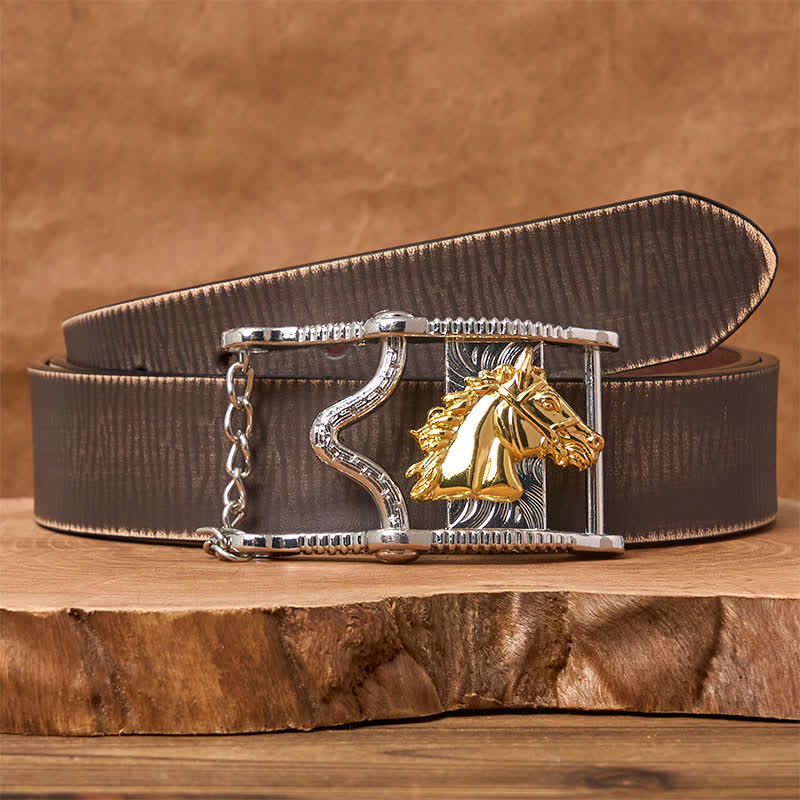 Ceinture en cuir avec boucle tête de cheval ajourée en or et argent - Cheval d'or - Ceinture marron vieillie - 42 - image 5