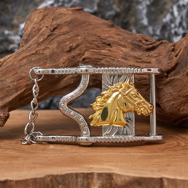 Ceinture en cuir avec boucle tête de cheval ajourée en or et argent - Cheval d'or - Sans ceinture - Ceinture non incluse - image 0