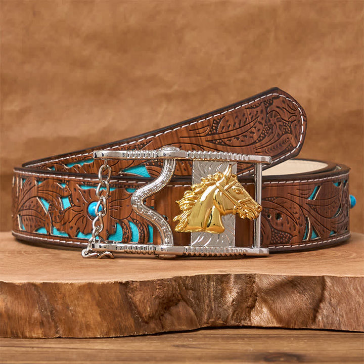 Ceinture en cuir avec boucle tête de cheval ajourée en or et argent - Cheval d'or - Ceinture sculptée en turquoise - 42 - image 3