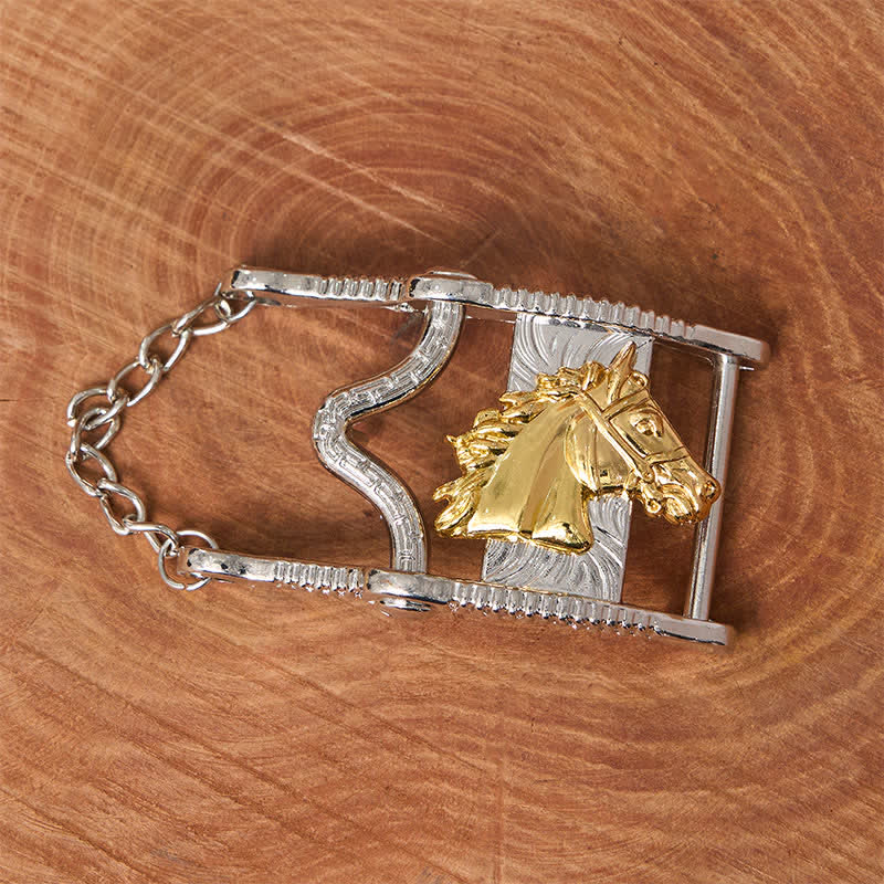 Ceinture en cuir avec boucle tête de cheval ajourée en or et argent - image 1