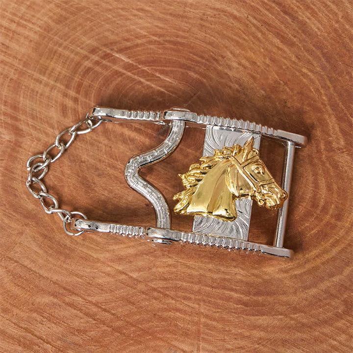 Ceinture en cuir avec boucle tête de cheval ajourée en or et argent - image 1