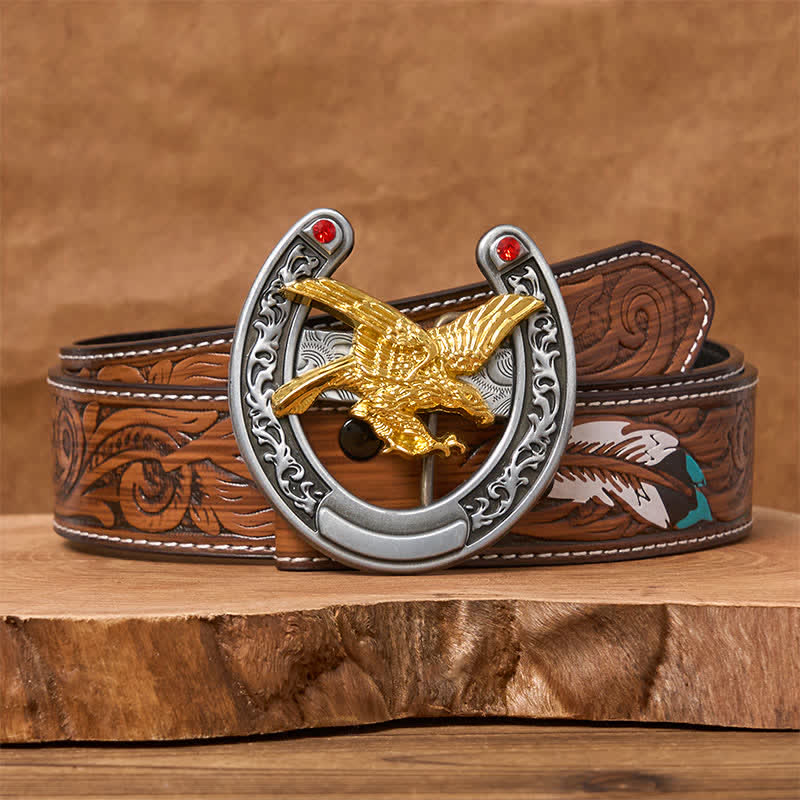 Ceinture en cuir avec boucle en forme de fer à cheval Western Gold Eagle - Aigle d'or - Ceinture à plumes marron - 40 - image 7