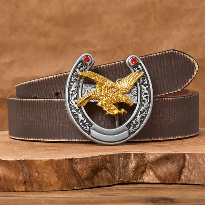 Ceinture en cuir avec boucle en forme de fer à cheval Western Gold Eagle - Aigle d'or - Ceinture marron vieillie - 42 - image 5