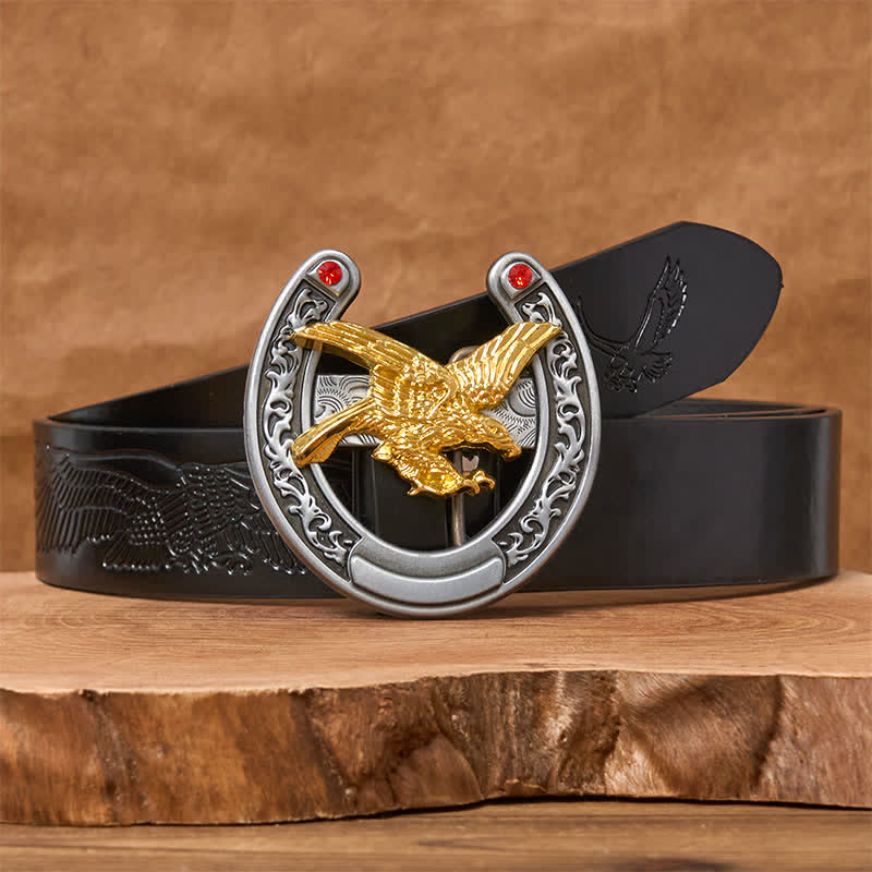 Ceinture en cuir avec boucle en forme de fer à cheval Western Gold Eagle - Aigle d'or - Ceinture noire avec aigle en relief - 42 - image 2