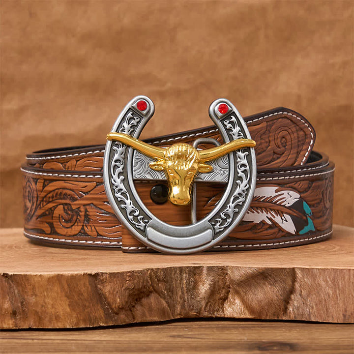Ceinture en cuir avec boucle en forme de fer à cheval western à tête de taureau dorée - Bull d'or - Ceinture à plumes marron - 40 - image 7