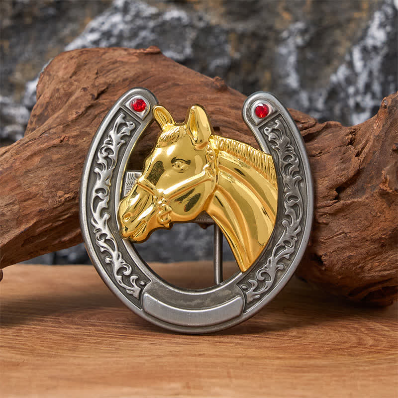 Ceinture en cuir avec boucle en forme de tête de cheval et de fer à cheval - Cheval d'or - Sans ceinture - Ceinture non incluse - image 0