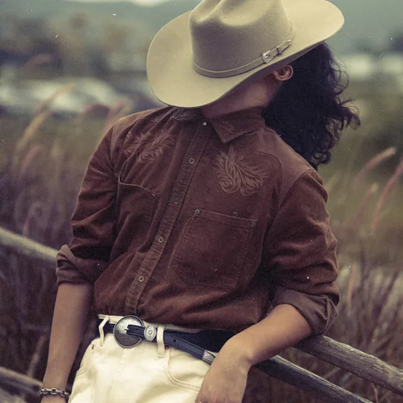 Chemise de cowboy vintage en velours côtelé avec broderie florale - image 0