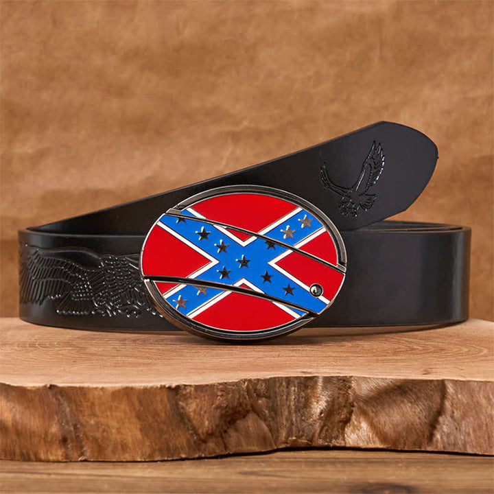 Ceinture en cuir avec boucle de couteau cachée et drapeau confédéré rouge et bleu - Ceinture noire avec aigle en relief - 42 - image 4