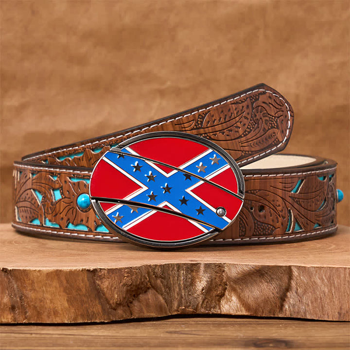 Ceinture en cuir avec boucle de couteau cachée et drapeau confédéré rouge et bleu - Ceinture sculptée en turquoise - 42 - image 5