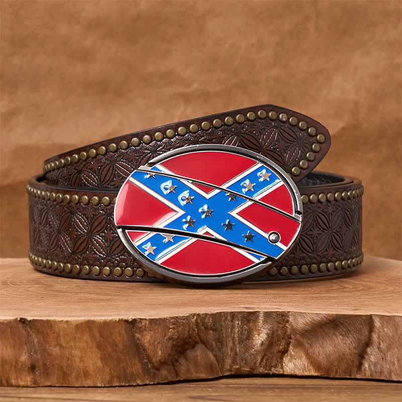 Ceinture en cuir avec boucle de couteau cachée et drapeau confédéré rouge et bleu - Ceinture à rivets marron - 42 - image 6