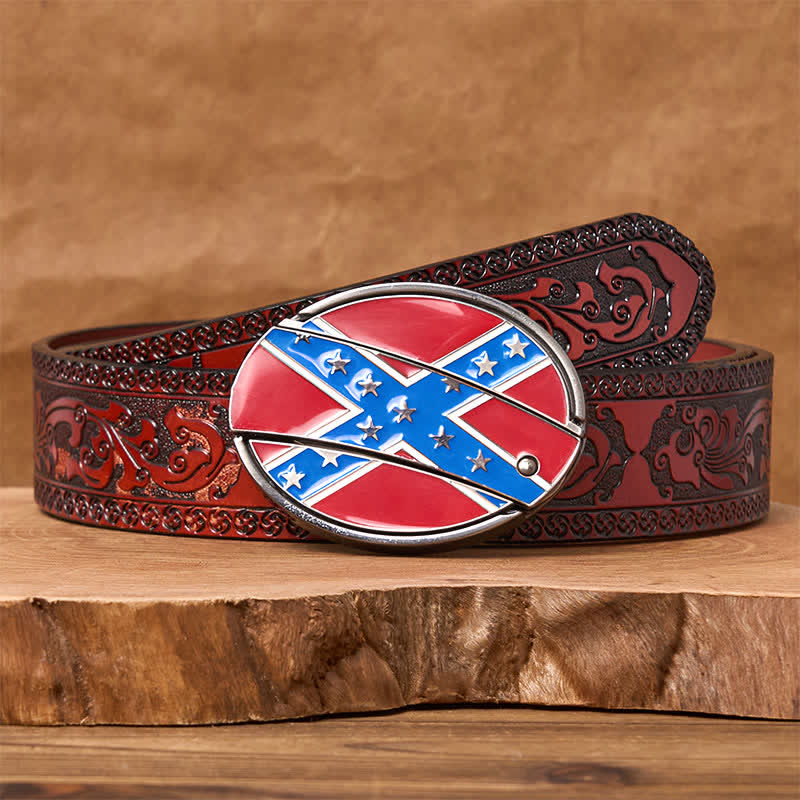 Ceinture en cuir avec boucle de couteau cachée et drapeau confédéré rouge et bleu - Ceinture marron sculptée - 42 - image 8
