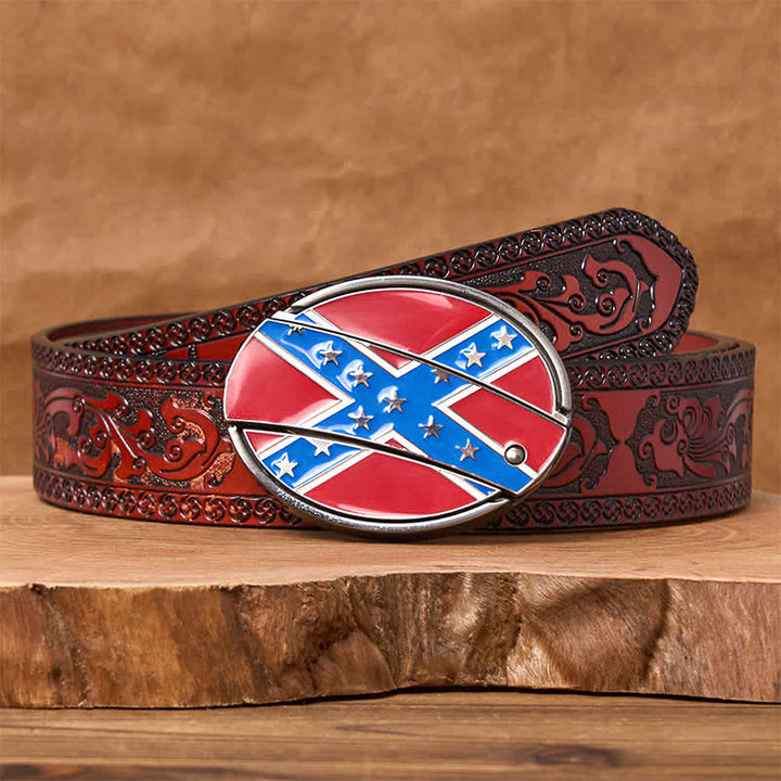 Ceinture en cuir avec boucle de couteau cachée et drapeau confédéré rouge et bleu - Ceinture marron sculptée - 42 - image 8