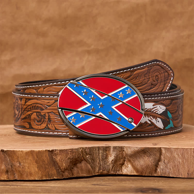 Ceinture en cuir avec boucle de couteau cachée et drapeau confédéré rouge et bleu - Ceinture à plumes marron - 40 - image 9