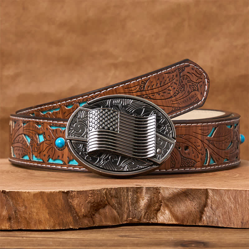 Ceinture en cuir avec boucle de couteau cachée et drapeau américain argenté - Ceinture sculptée en turquoise - 42 - image 5