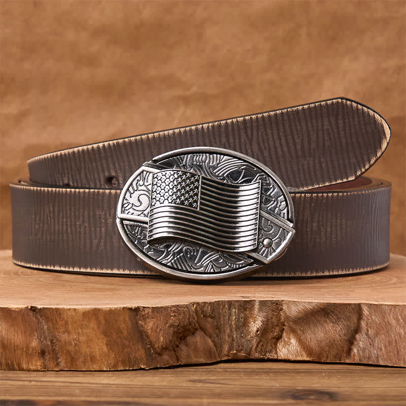Ceinture en cuir avec boucle de couteau cachée et drapeau américain argenté - Ceinture marron vieillie - 42 - image 7