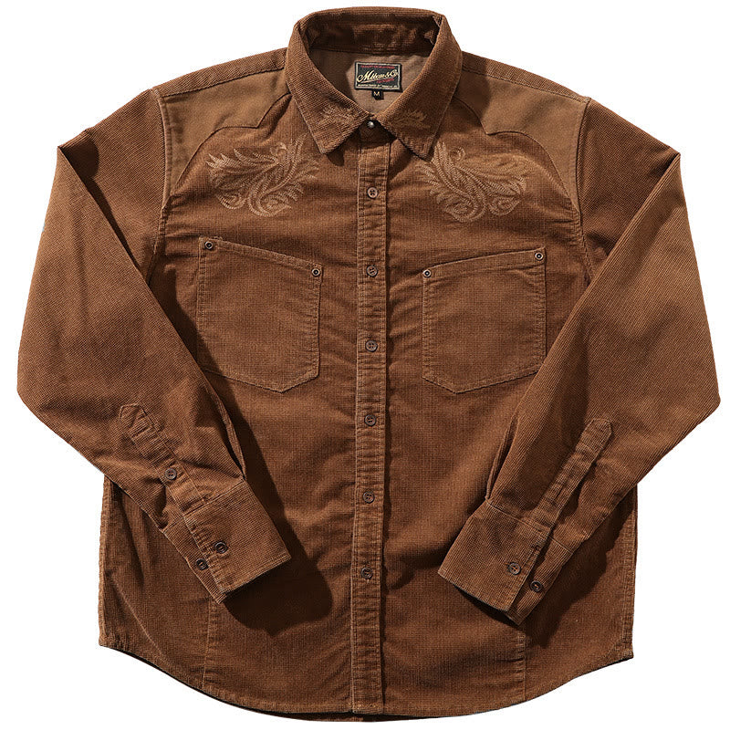 Chemise de cowboy vintage en velours côtelé avec broderie florale - Café - 3XL - image 1