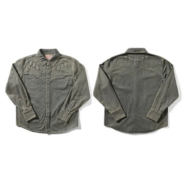 Chemise western cowboy en denim délavé brodée Gambler - image 5
