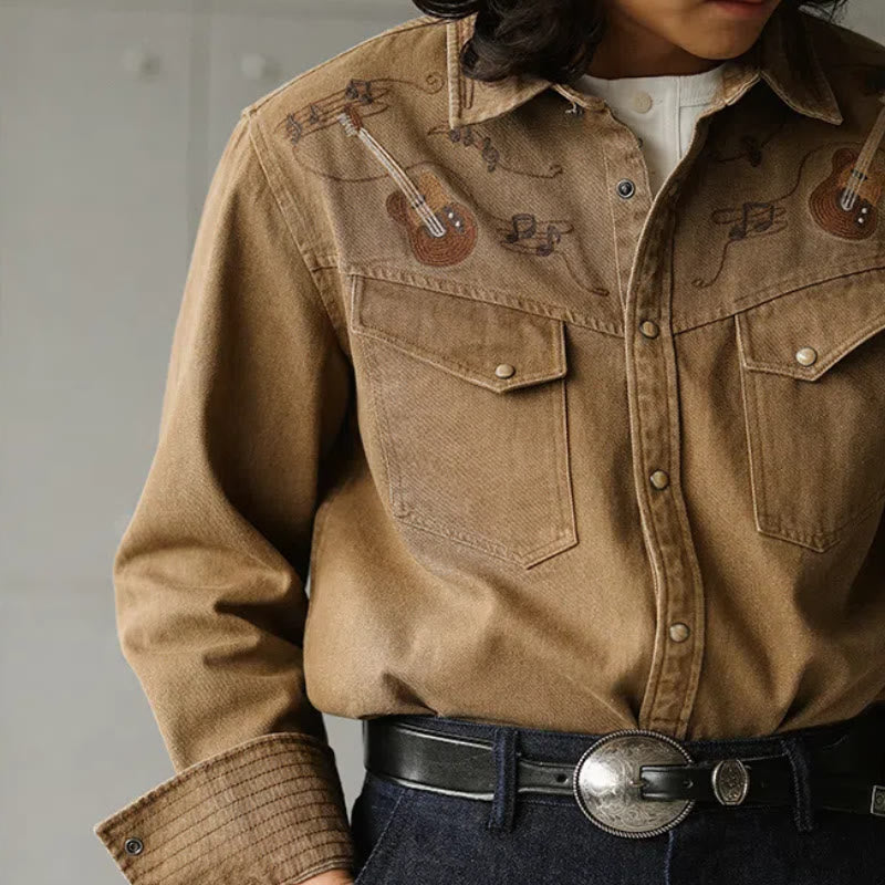 Chemise de cowboy western brodée avec notes de musique et guitare vintage - image 0