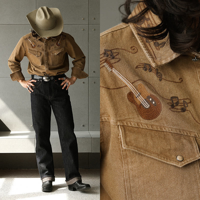 Chemise de cowboy western brodée avec notes de musique et guitare vintage - image 2