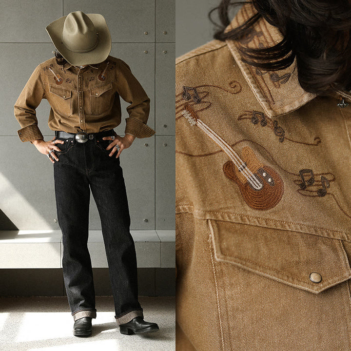 Chemise de cowboy western brodée avec notes de musique et guitare vintage - image 2