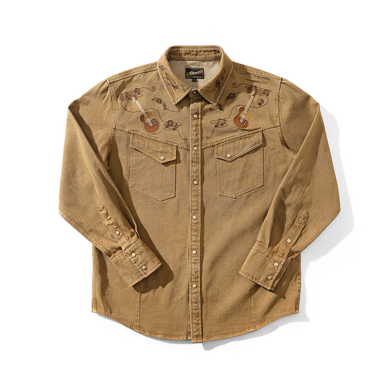 Chemise de cowboy western brodée avec notes de musique et guitare vintage - Café - 3XL - image 1
