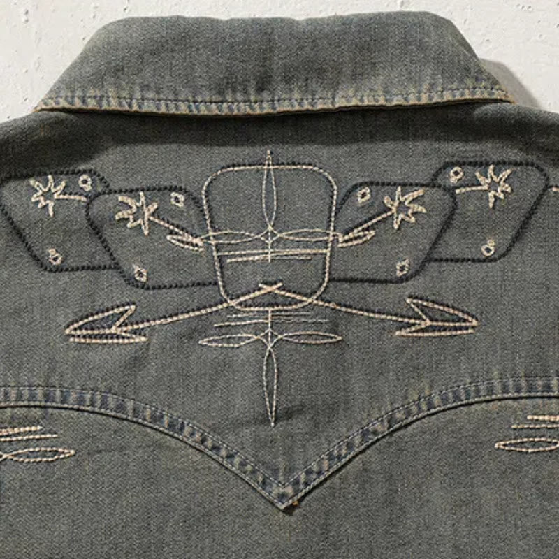 Chemise western cowboy en denim délavé brodée Gambler - image 6
