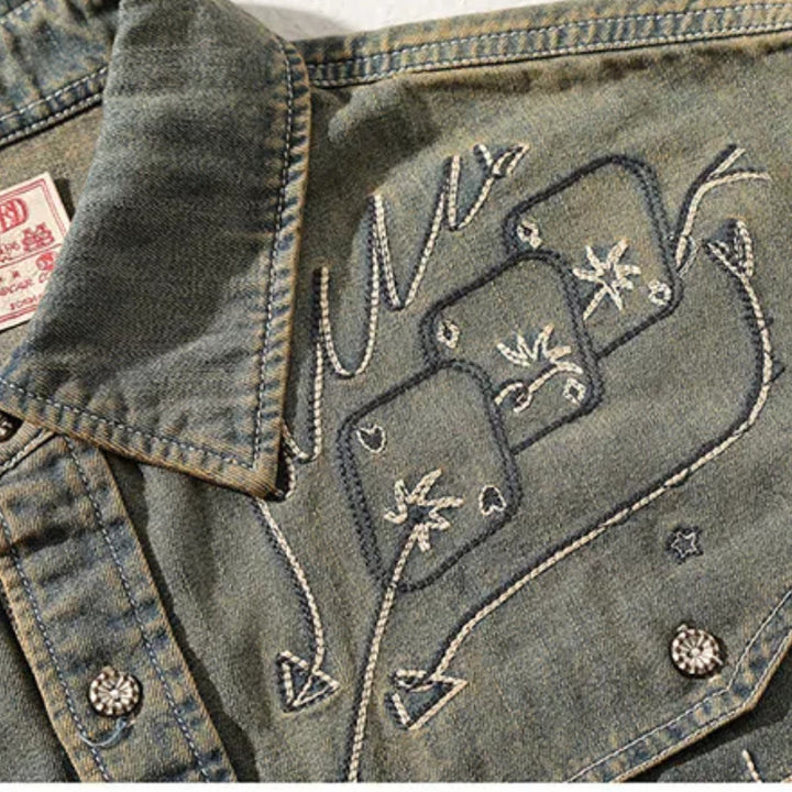 Chemise western cowboy en denim délavé brodée Gambler - image 7