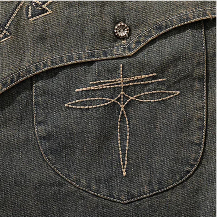 Chemise western cowboy en denim délavé brodée Gambler - image 8