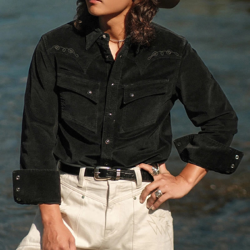Chemise de cowboy western brodée en velours côtelé noir - image 0