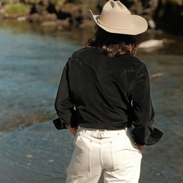 Chemise de cowboy western brodée en velours côtelé noir - image 3