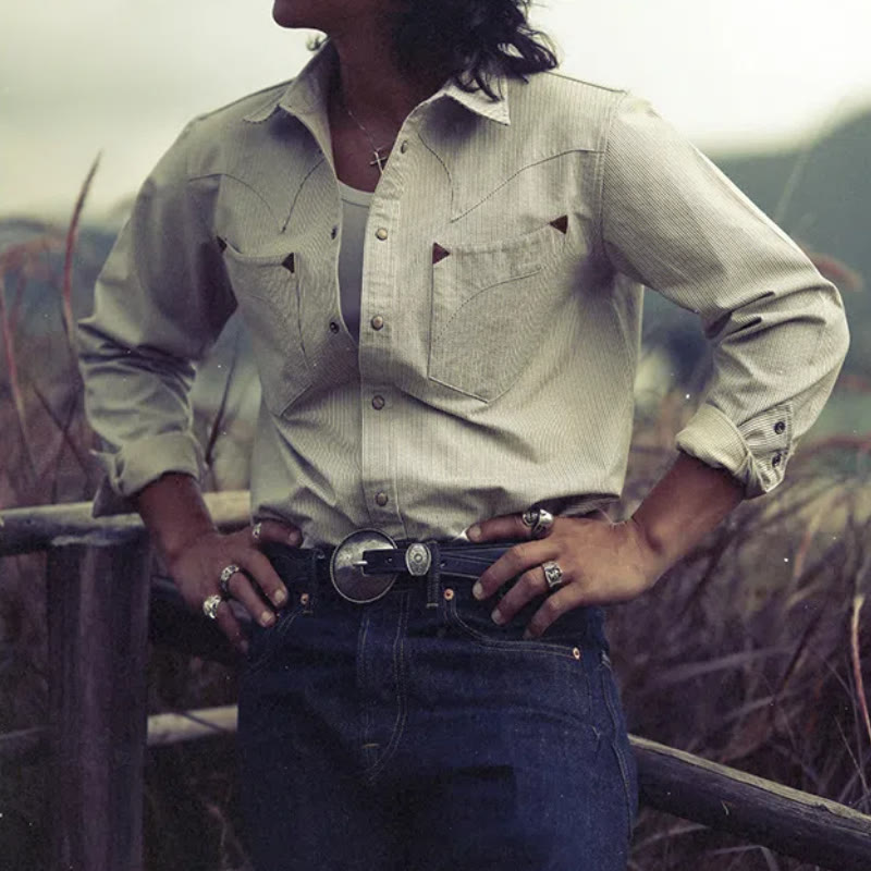 Chemise de cowboy western vintage beige à rayures tissées - image 0