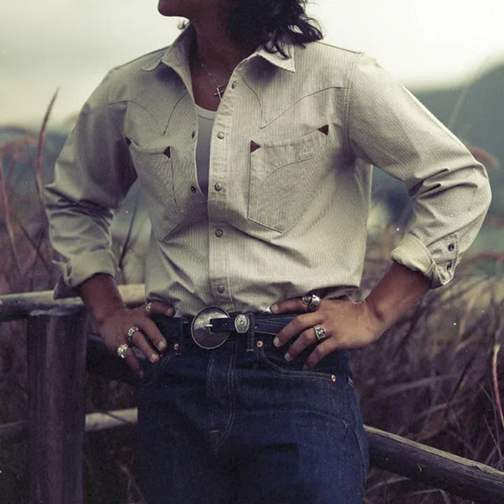 Chemise de cowboy western vintage beige à rayures tissées - image 0