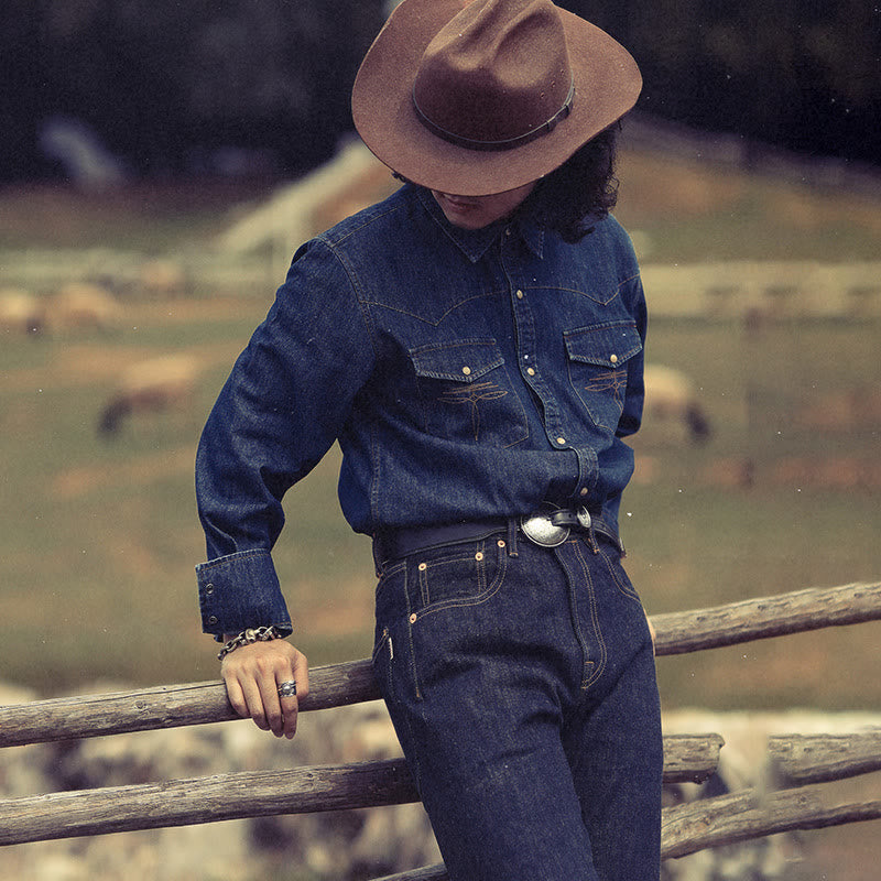 Chemise de cowboy western vintage bleu foncé délavée - image 0