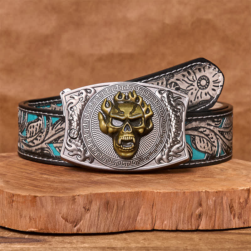 Ceinture en cuir pour homme avec couteau pliant caché et tête de mort en flamme - Crâne de flamme - Ceinture fleurie grise - 42 - image 11