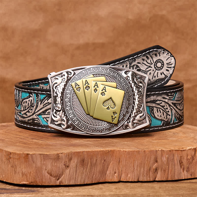 Ceinture en cuir pour homme avec couteau pliant caché et poker doré - Poker d'or - Ceinture fleurie grise - 42 - image 12
